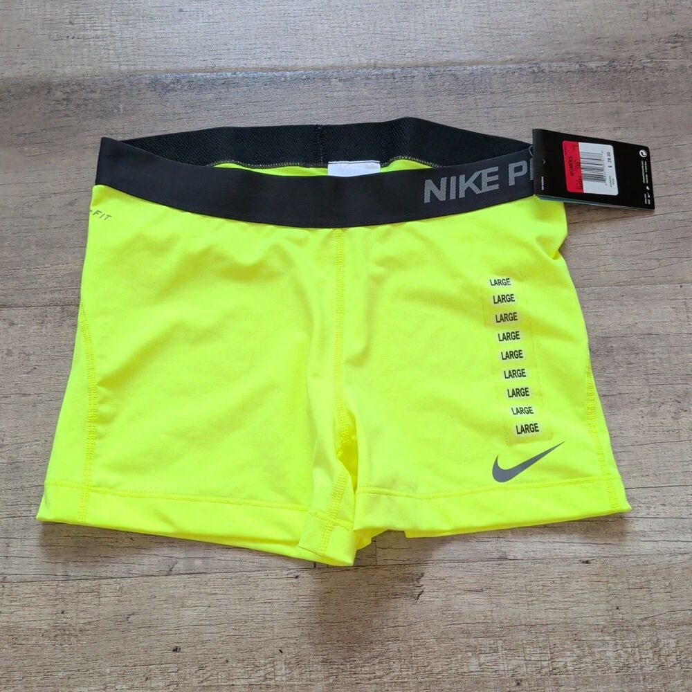 NWT Nike Women's Pro Core Compression Shorts Neon Yellow Black Large